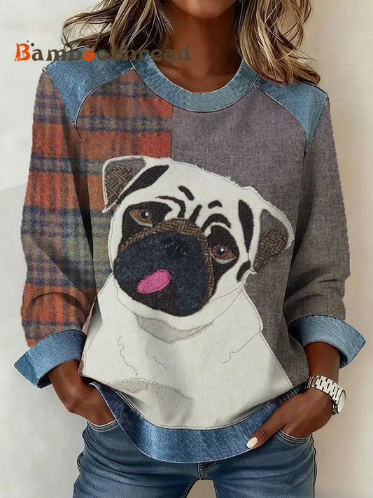 Women’s Retro Dog Print Dog Mom Dog Lovers Gift Denim Patchwork Top As picture / S