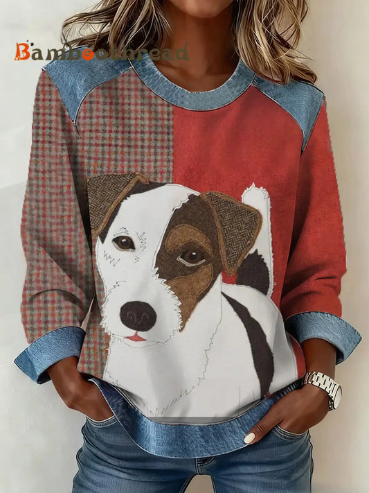 Women’s Retro Dog Print Dog Mom Dog Lovers Gift Denim Patchwork Top Red / S