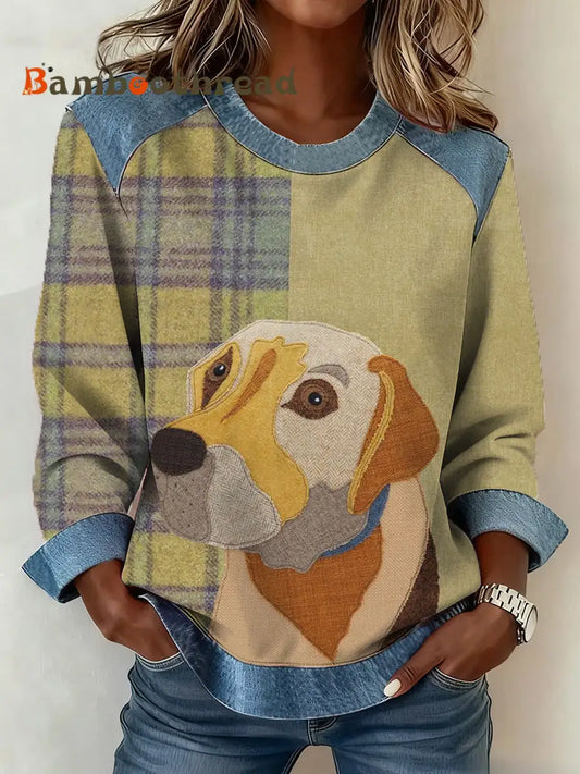 Women’s Retro Dog Print Dog Mom Dog Lovers Gift Denim Patchwork Top Yellow / S
