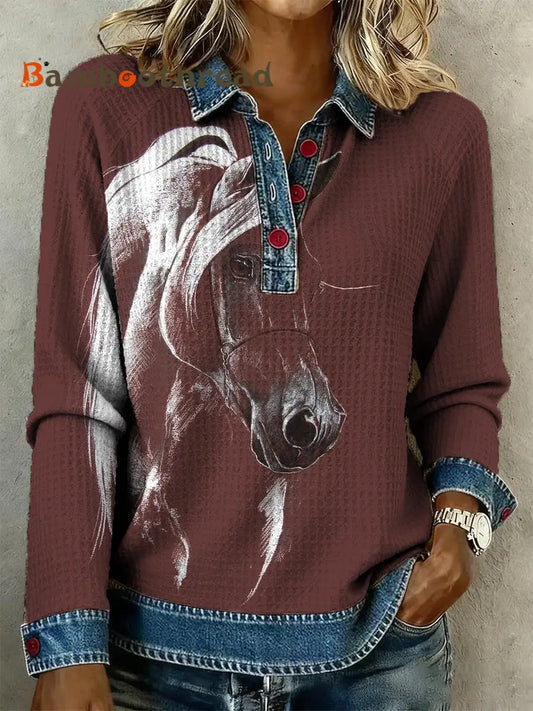 Women’s Retro Horse Art Print Denim Patchwork Top As picture / S