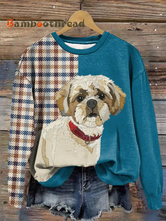 Women’s Retro Plaid Dog Print Dog Mom Dog Lovers Gift Sweatshirt Blue / S