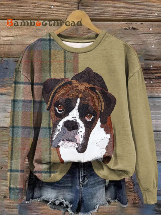 Women’s Retro Plaid Dog Print Dog Mom Dog Lovers Gift Sweatshirt Flax Yellow / S