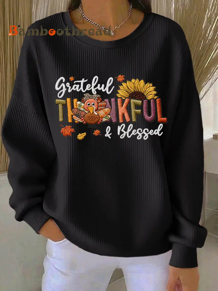Women’s Retro Thanksgiving GOBBLE Print Ribbed Round-Neck Sweatshirt Black / S