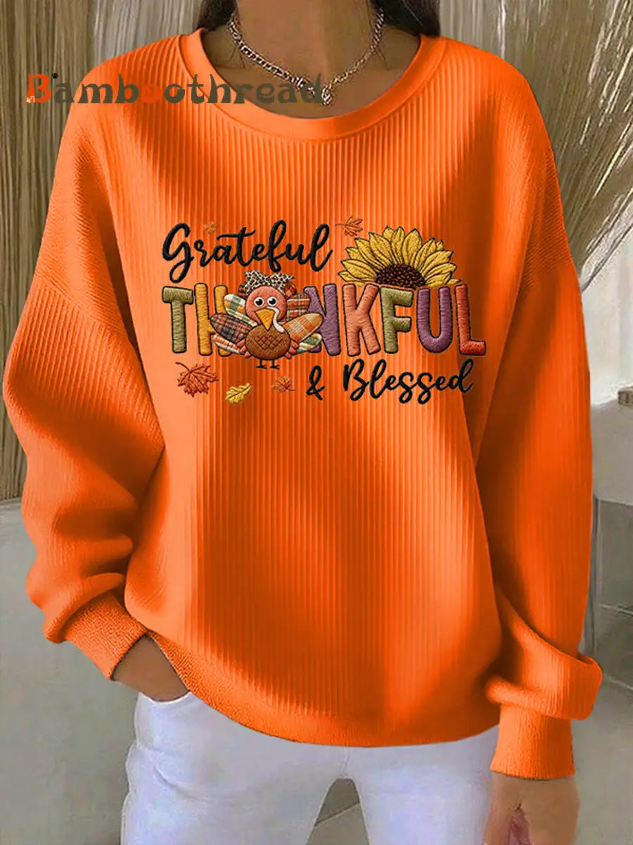 Women’s Retro Thanksgiving GOBBLE Print Ribbed Round-Neck Sweatshirt Orange / S