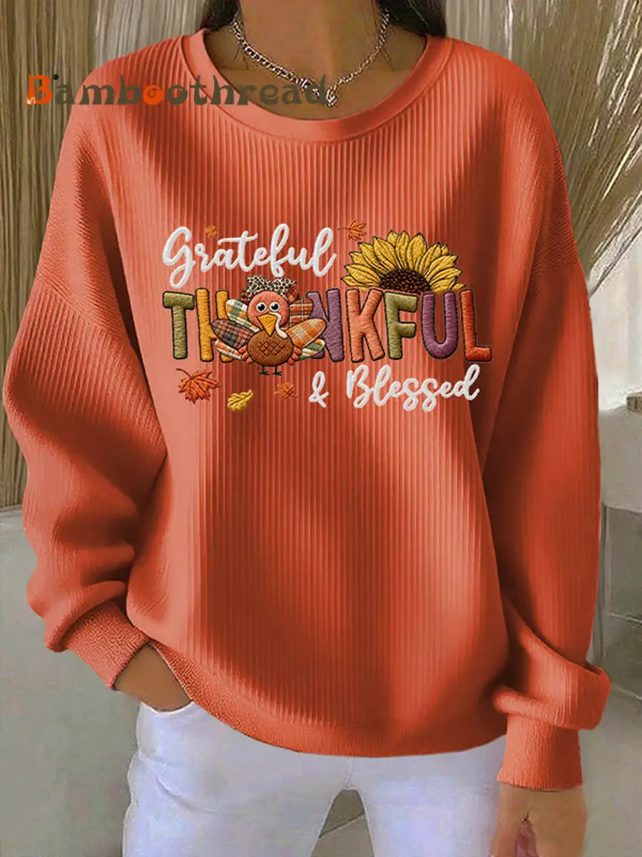 Women’s Retro Thanksgiving GOBBLE Print Ribbed Round-Neck Sweatshirt Pumpkin Orange / S