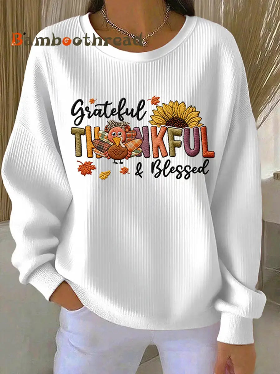 Women’s Retro Thanksgiving GOBBLE Print Ribbed Round-Neck Sweatshirt White / S