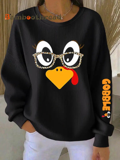 Women’s Retro Thanksgiving GOBBLE Print Round Neck Sweatshirt Black / S