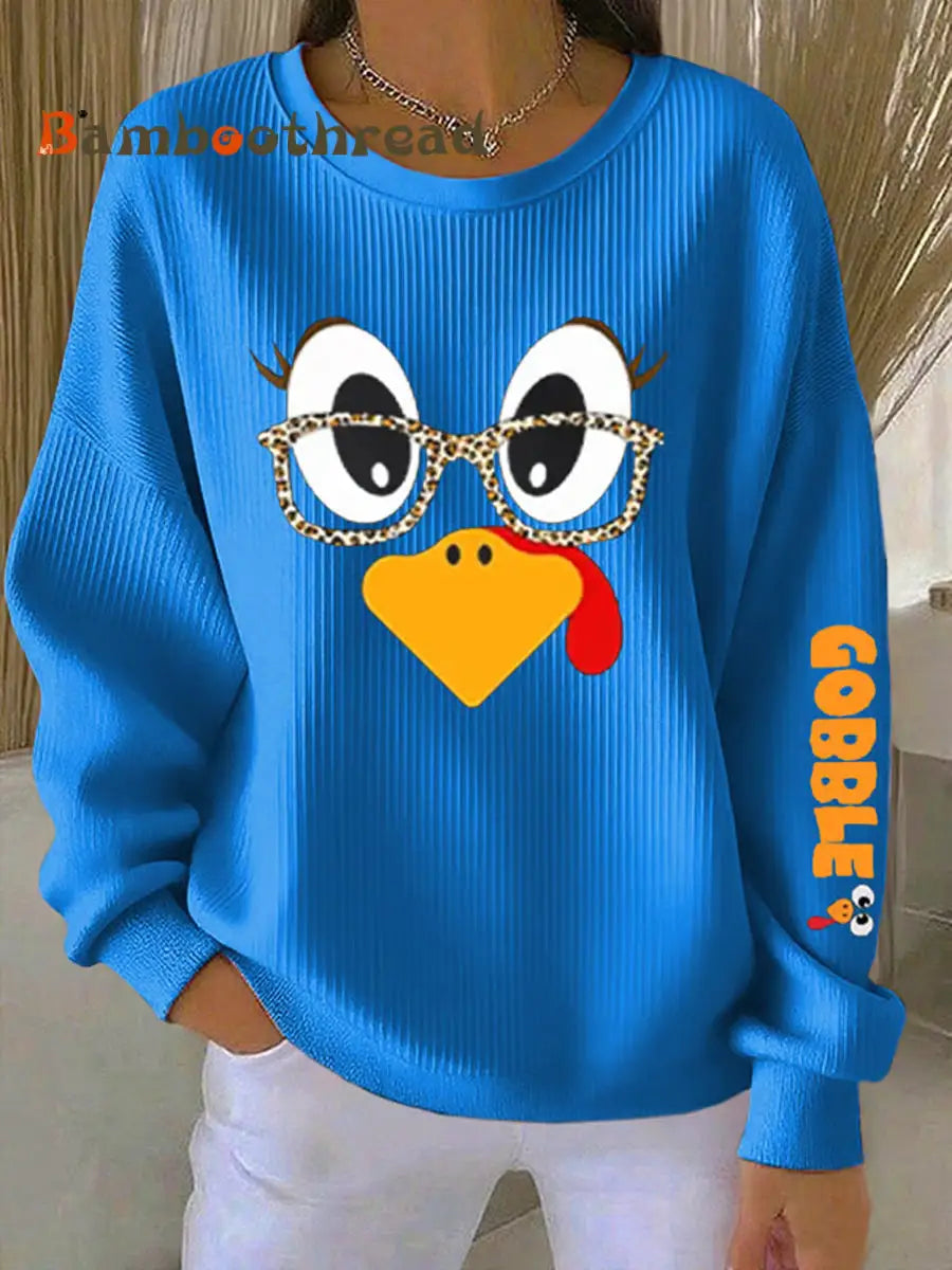 Women’s Retro Thanksgiving GOBBLE Print Round Neck Sweatshirt Blue / S
