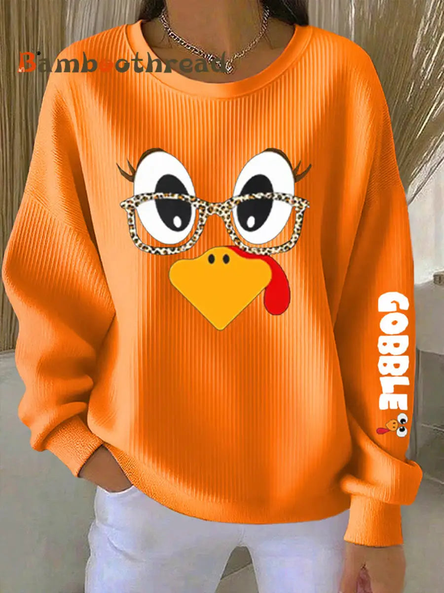 Women’s Retro Thanksgiving GOBBLE Print Round Neck Sweatshirt Orange / S