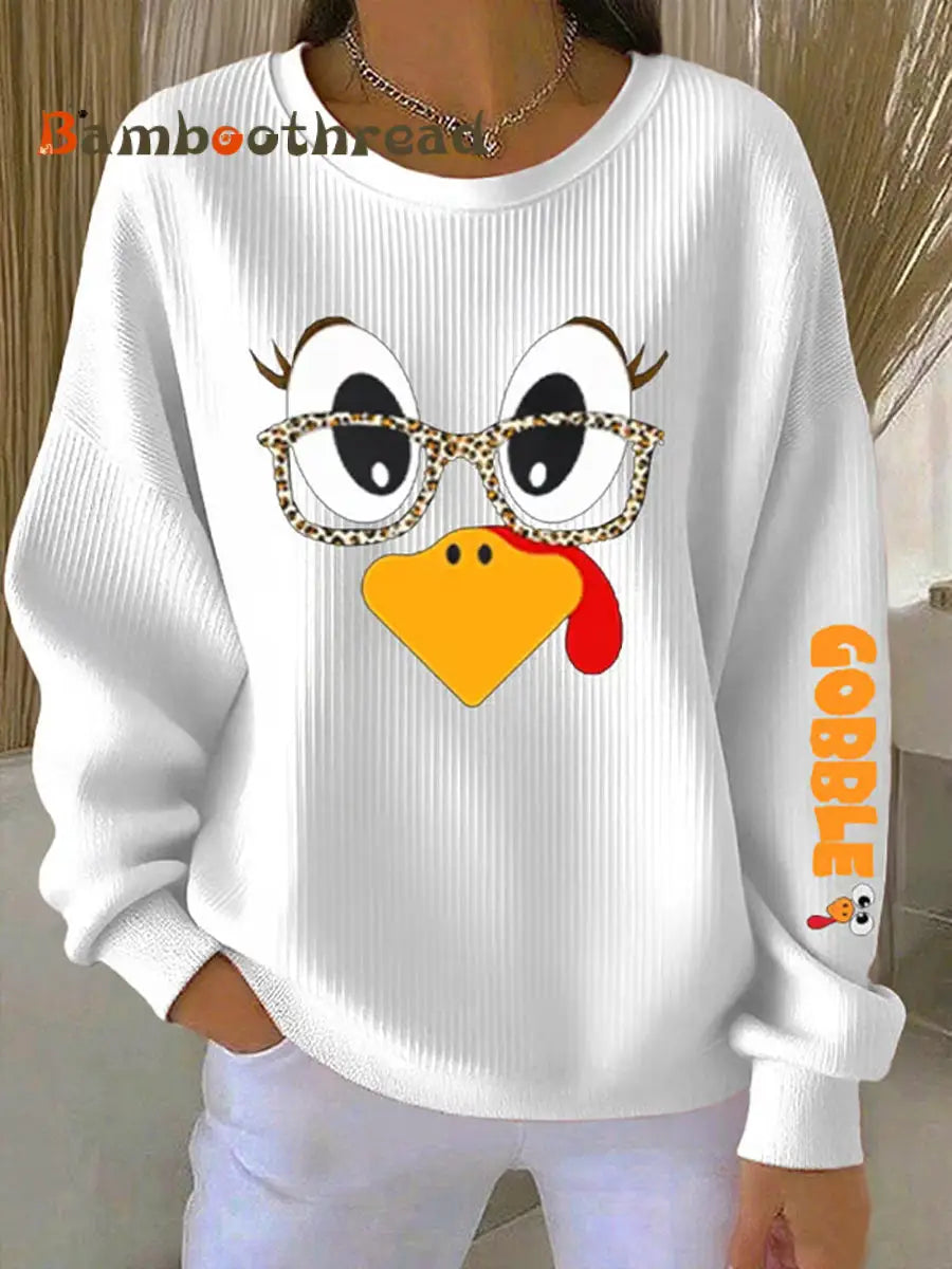 Women’s Retro Thanksgiving GOBBLE Print Round Neck Sweatshirt White / S
