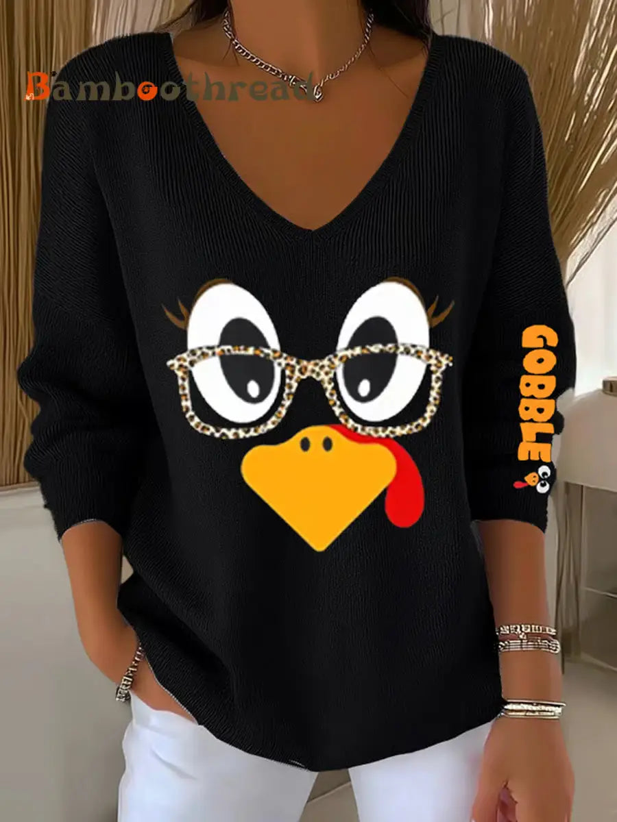 Women’s Retro Thanksgiving GOBBLE Print V-Neck Ribbed Top Black / S