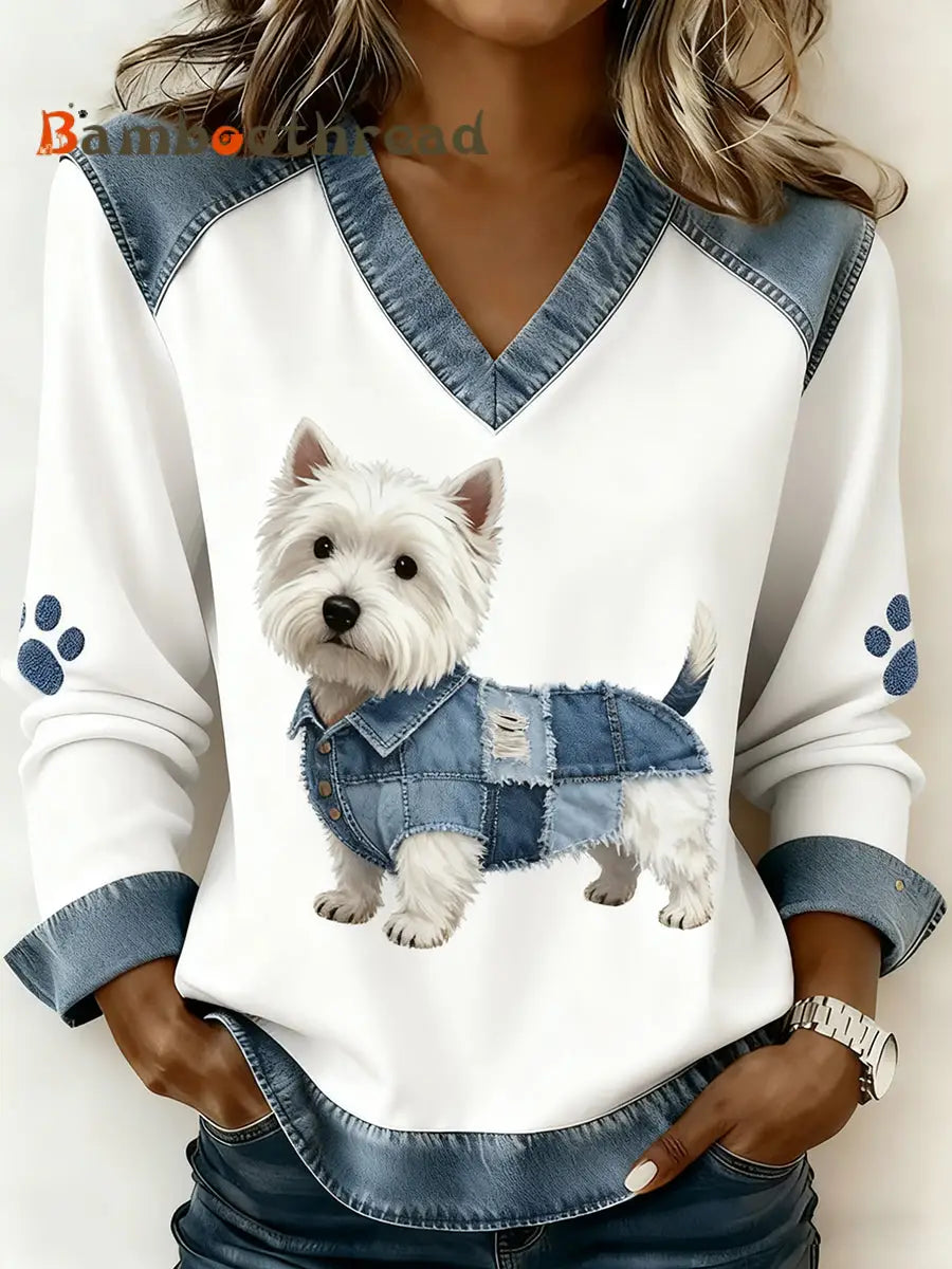 Women’s Retro V-neck Denim Patchwork Animal Print Casual Comfort Top A / S