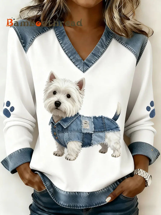 Women’s Retro V-neck Denim Patchwork Animal Print Casual Comfort Top A / S