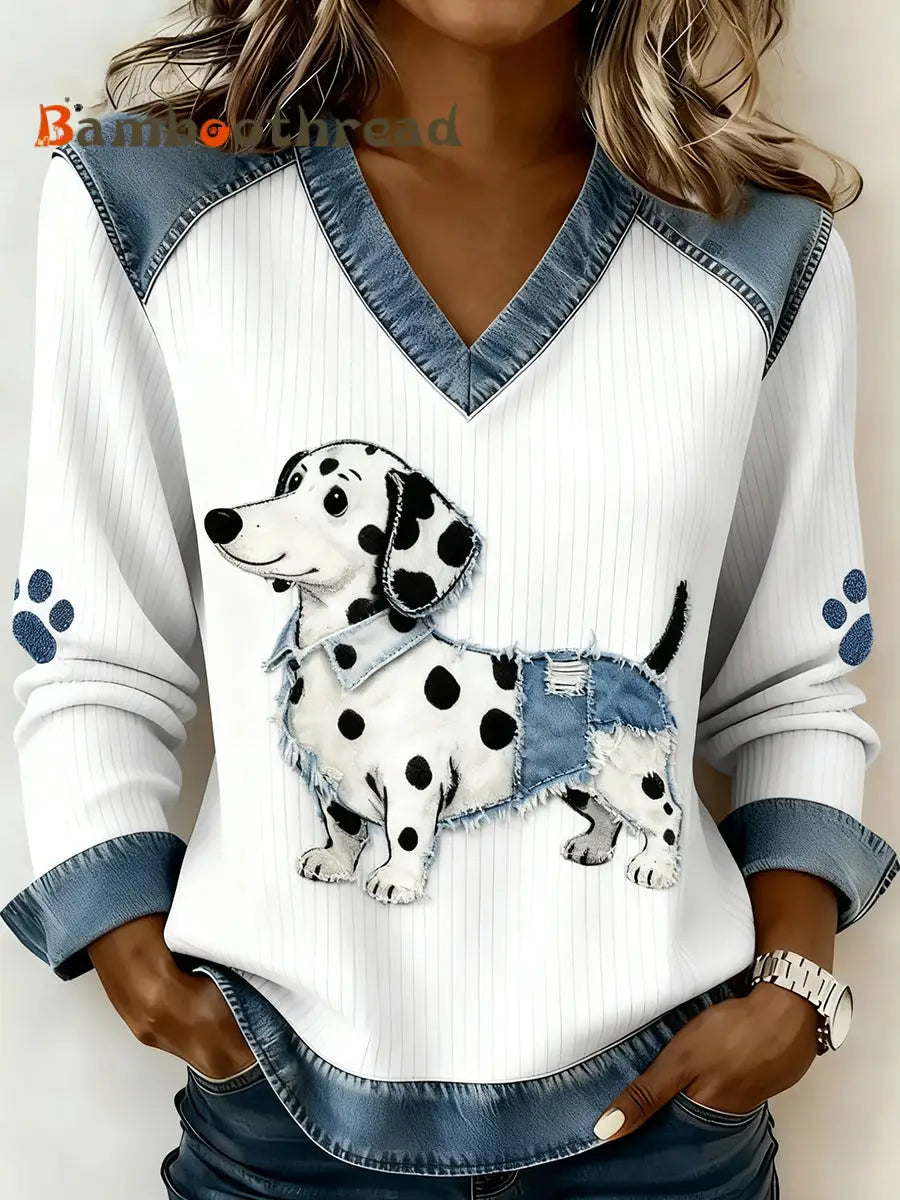 Women’s Retro V-neck Denim Patchwork Animal Print Casual Comfort Top A / S