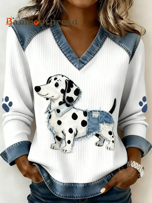 Women’s Retro V-neck Denim Patchwork Animal Print Casual Comfort Top A / S