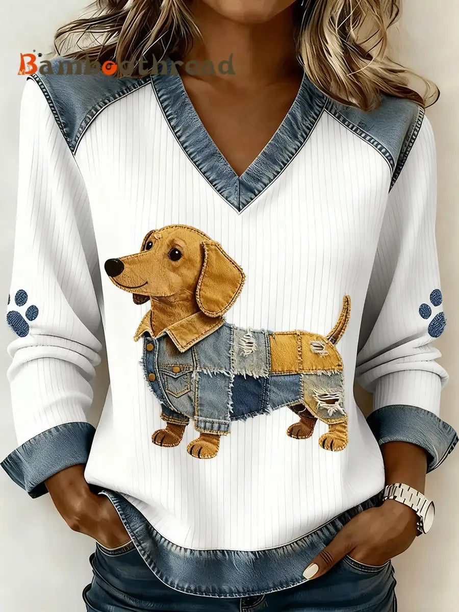 Women’s Retro V-neck Denim Patchwork Animal Print Casual Comfort Top A / S