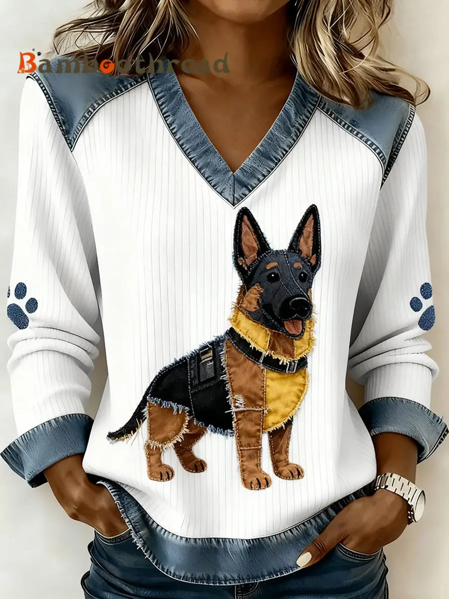 Women’s Retro V-neck Denim Patchwork Animal Print Casual Comfort Top A / S