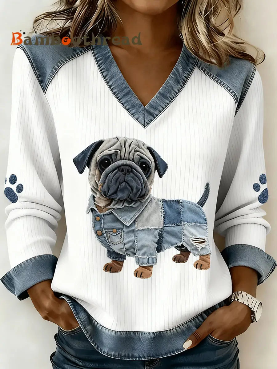 Women’s Retro V-neck Denim Patchwork Animal Print Casual Comfort Top A / S