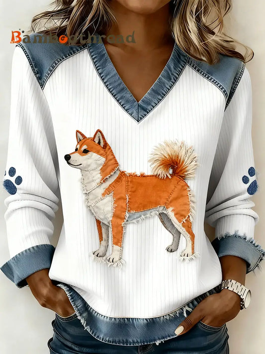 Women’s Retro V-neck Denim Patchwork Animal Print Casual Comfort Top A / S