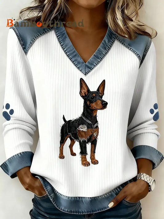 Women’s Retro V-neck Denim Patchwork Animal Print Casual Comfort Top A / S