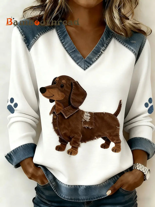 Women’s Retro V-neck Denim Patchwork Animal Print Casual Comfort Top A / S