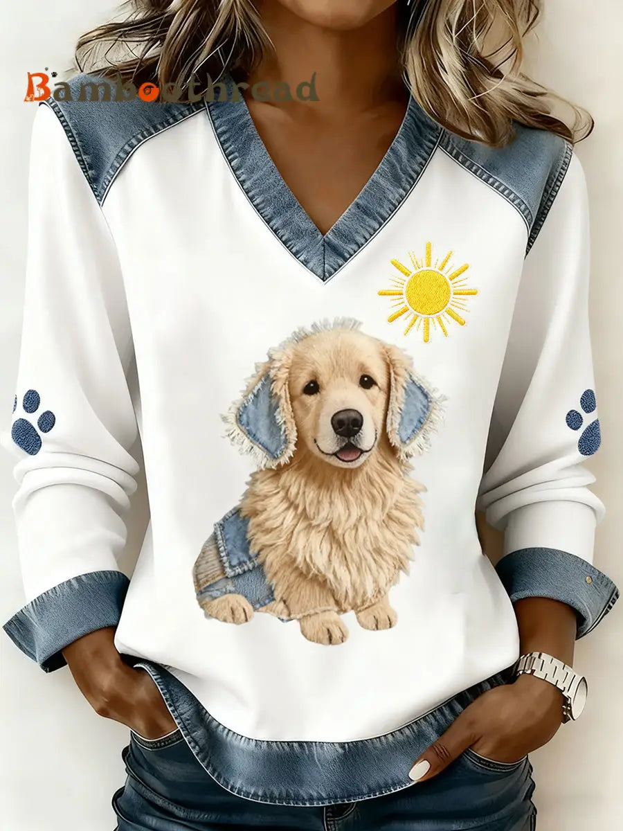 Women’s Retro V-neck Denim Patchwork Animal Print Casual Comfort Top A / S