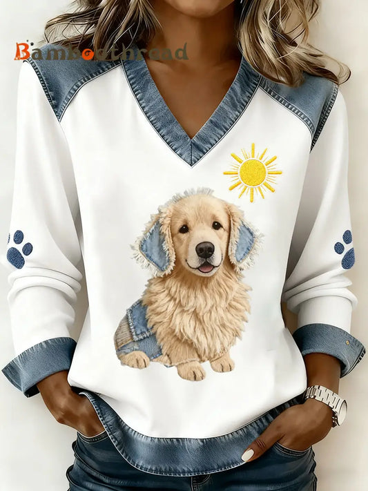 Women’s Retro V-neck Denim Patchwork Animal Print Casual Comfort Top A / S