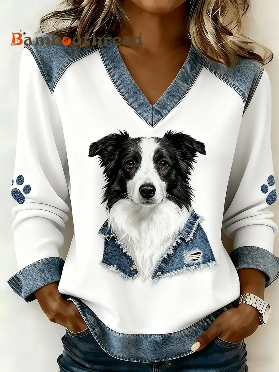 Women’s Retro V-neck Denim Patchwork Animal Print Casual Comfort Top A / S