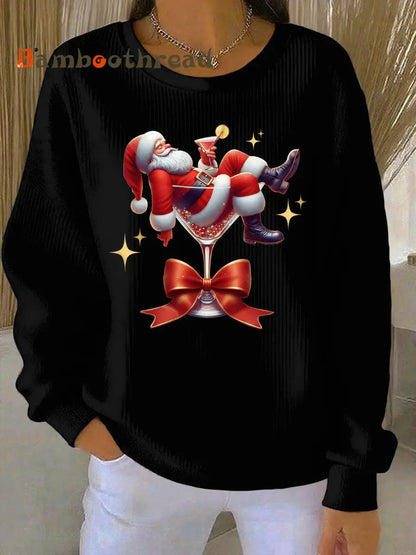 Women’s Santa Claus and wine glass Print Ribbed Round-Neck Sweatshirt Black / S