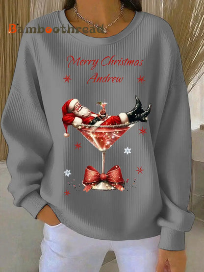 Women’s Santa Claus and wine glass Print Ribbed Round-Neck Sweatshirt Gray / S