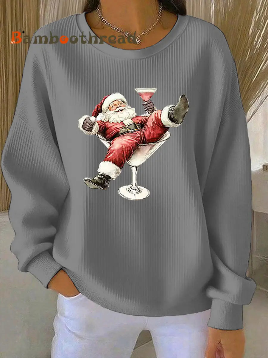 Women’s Santa Claus and wine glass Print Ribbed Round-Neck Sweatshirt Gray / S