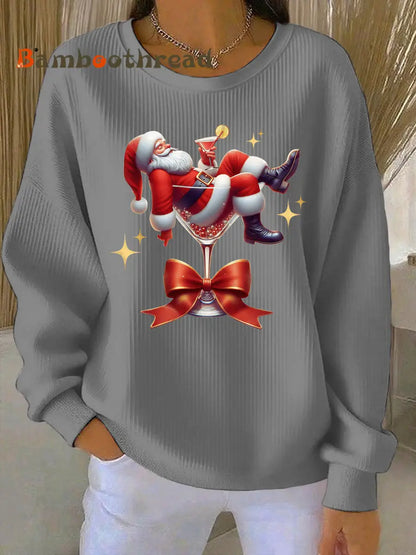Women’s Santa Claus and wine glass Print Ribbed Round-Neck Sweatshirt Gray / S