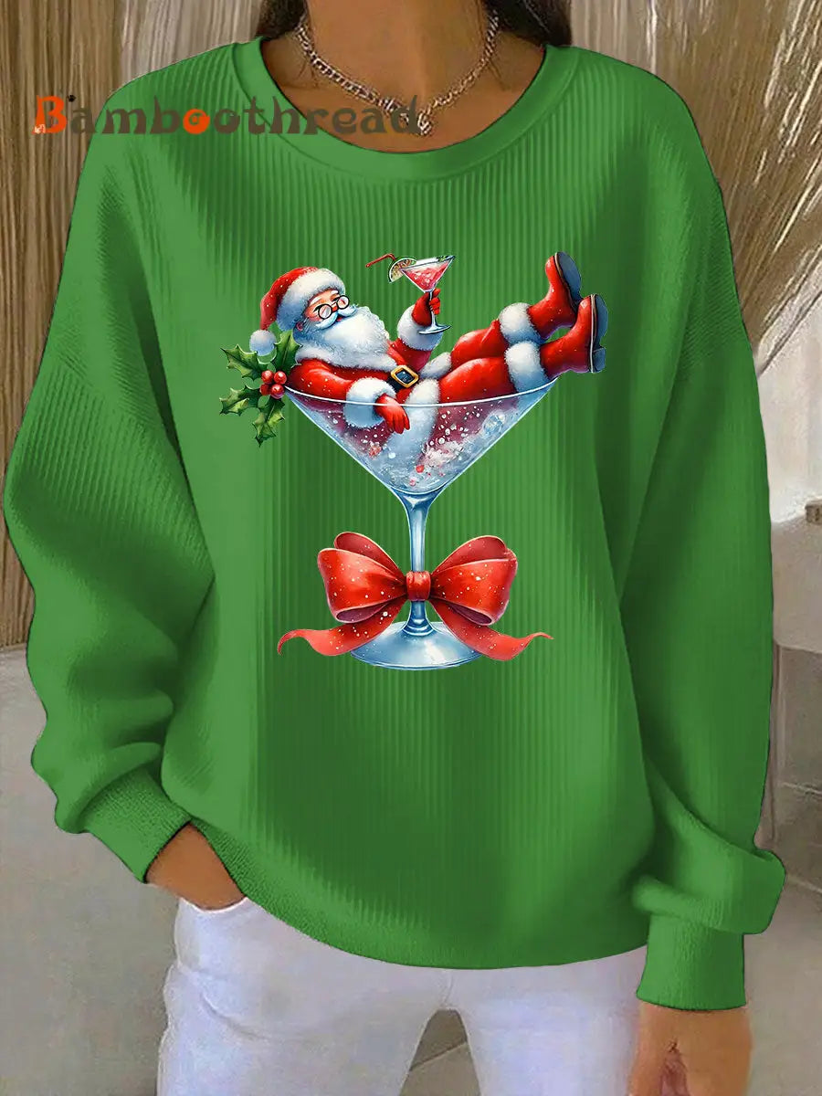 Women’s Santa Claus and wine glass Print Ribbed Round-Neck Sweatshirt Green / S