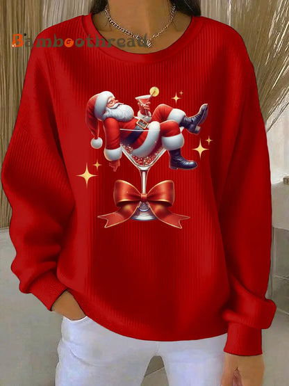 Women’s Santa Claus and wine glass Print Ribbed Round-Neck Sweatshirt Red / S