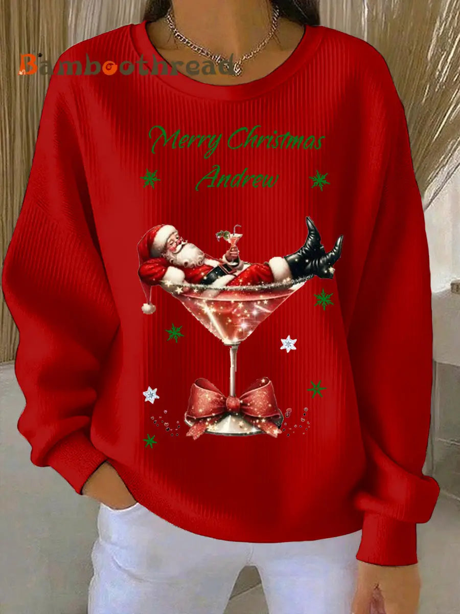 Women’s Santa Claus and wine glass Print Ribbed Round-Neck Sweatshirt Red / S