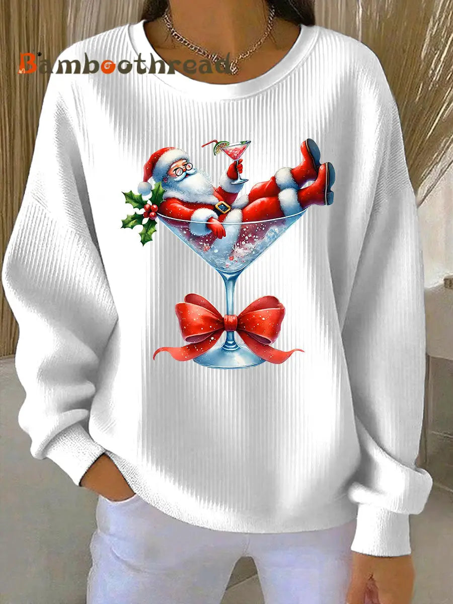 Women’s Santa Claus and wine glass Print Ribbed Round-Neck Sweatshirt White / S