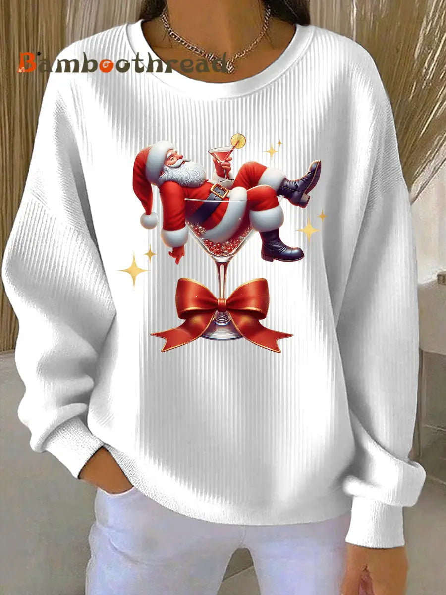 Women’s Santa Claus and wine glass Print Ribbed Round-Neck Sweatshirt White / S