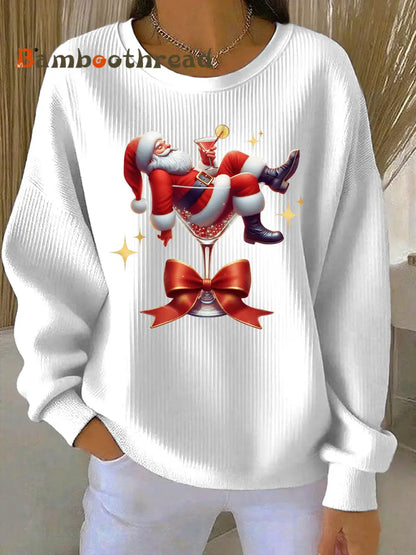 Women’s Santa Claus and wine glass Print Ribbed Round-Neck Sweatshirt White / S