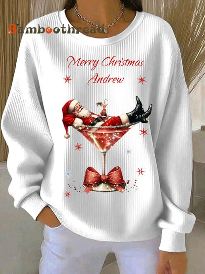 Women’s Santa Claus and wine glass Print Ribbed Round-Neck Sweatshirt White / S