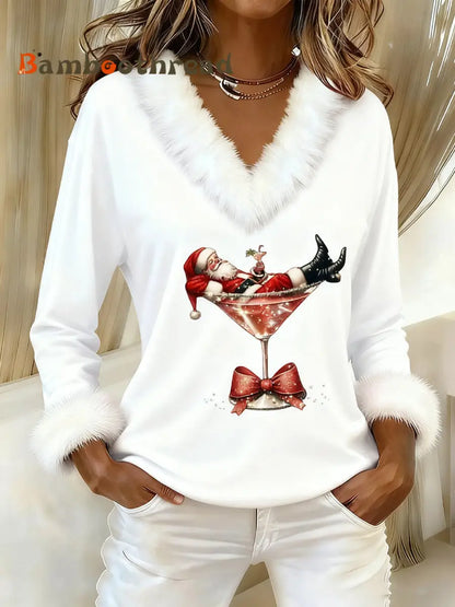 Women’s Santa Claus sitting on a red wine glass printed fur collar top White / S