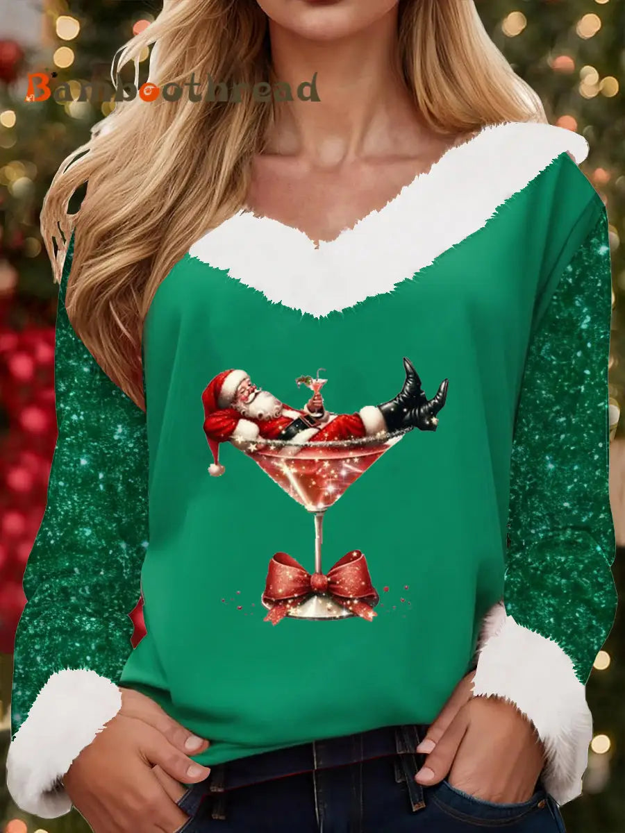 Women’s Santa Claus sitting on a red wine glass with a printed fur collar top Green / S