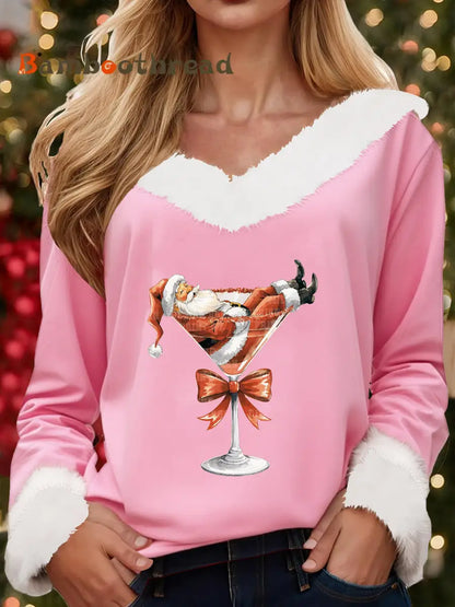 Women’s Santa Claus sitting on a red wine glass with a printed fur collar top Pink / S