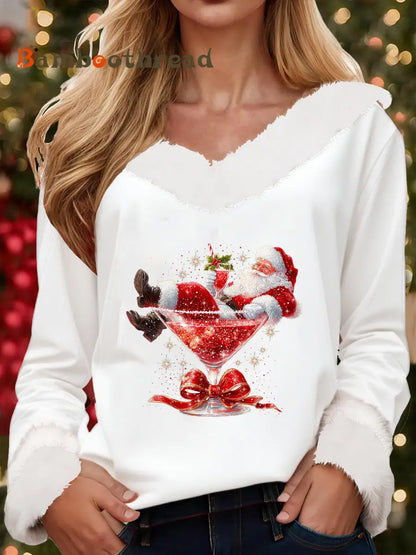 Women’s Santa Claus sitting on a red wine glass with a printed fur collar top White / S