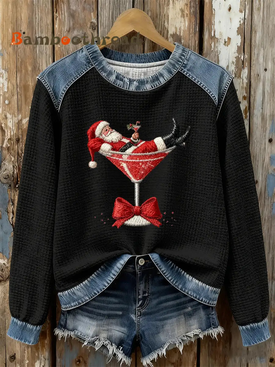 Women’s Santa Claus sitting on a wine glass Print waffle Sweatshirt Black / S