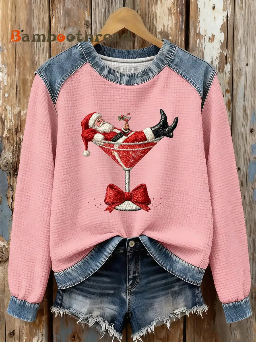 Women’s Santa Claus sitting on a wine glass Print waffle Sweatshirt Pink / S
