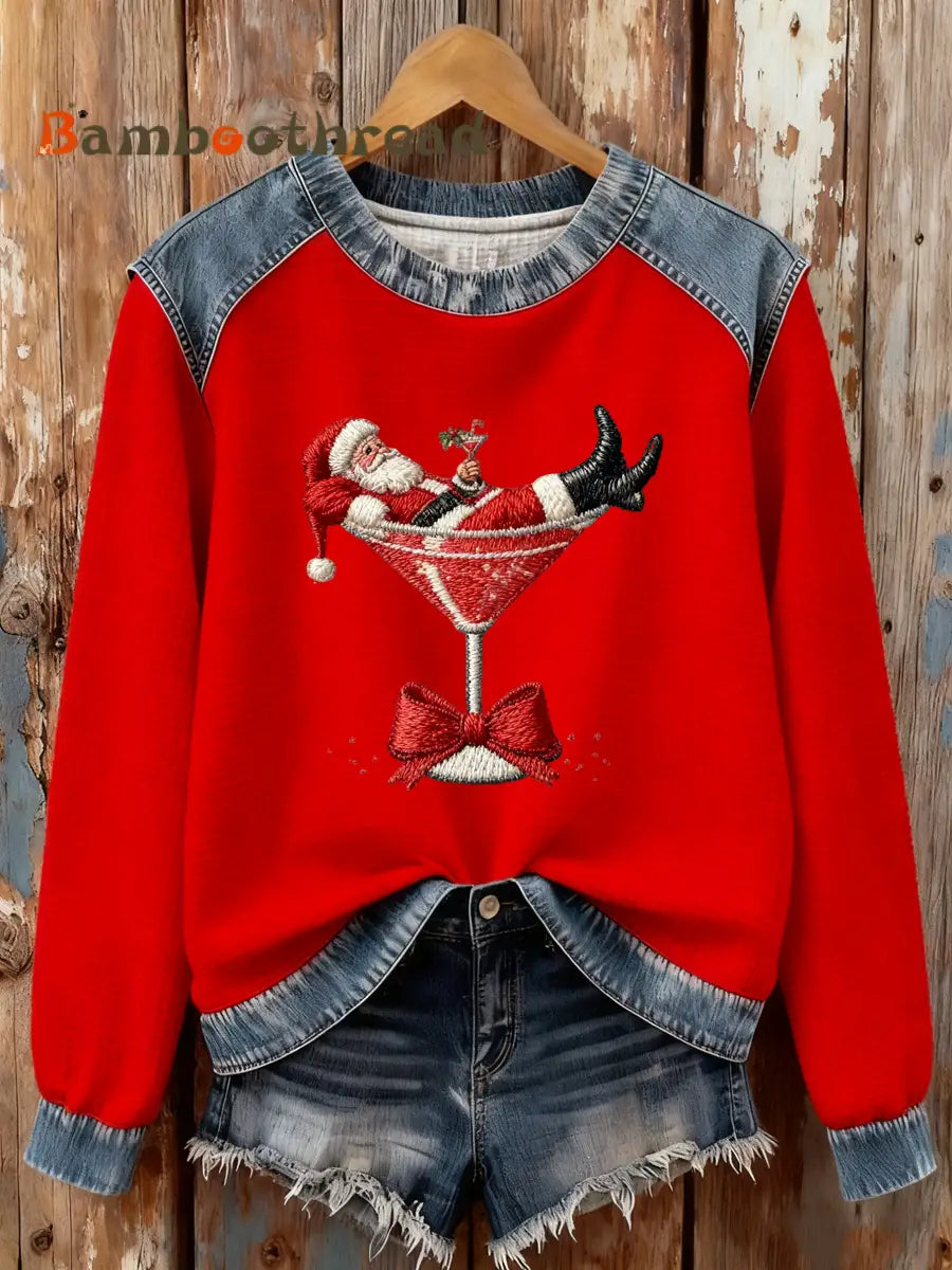 Women’s Santa Claus sitting on a wine glass Print waffle Sweatshirt Red / S
