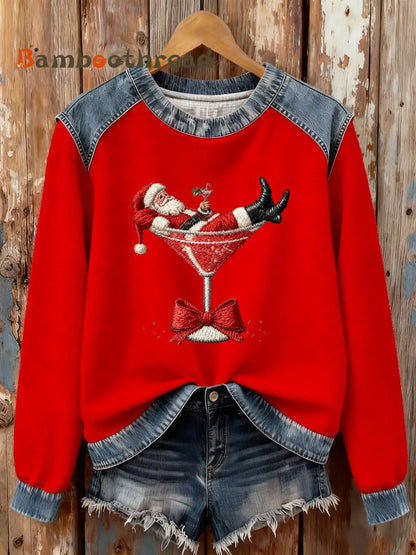 Women’s Santa Claus sitting on a wine glass Print waffle Sweatshirt Red / S
