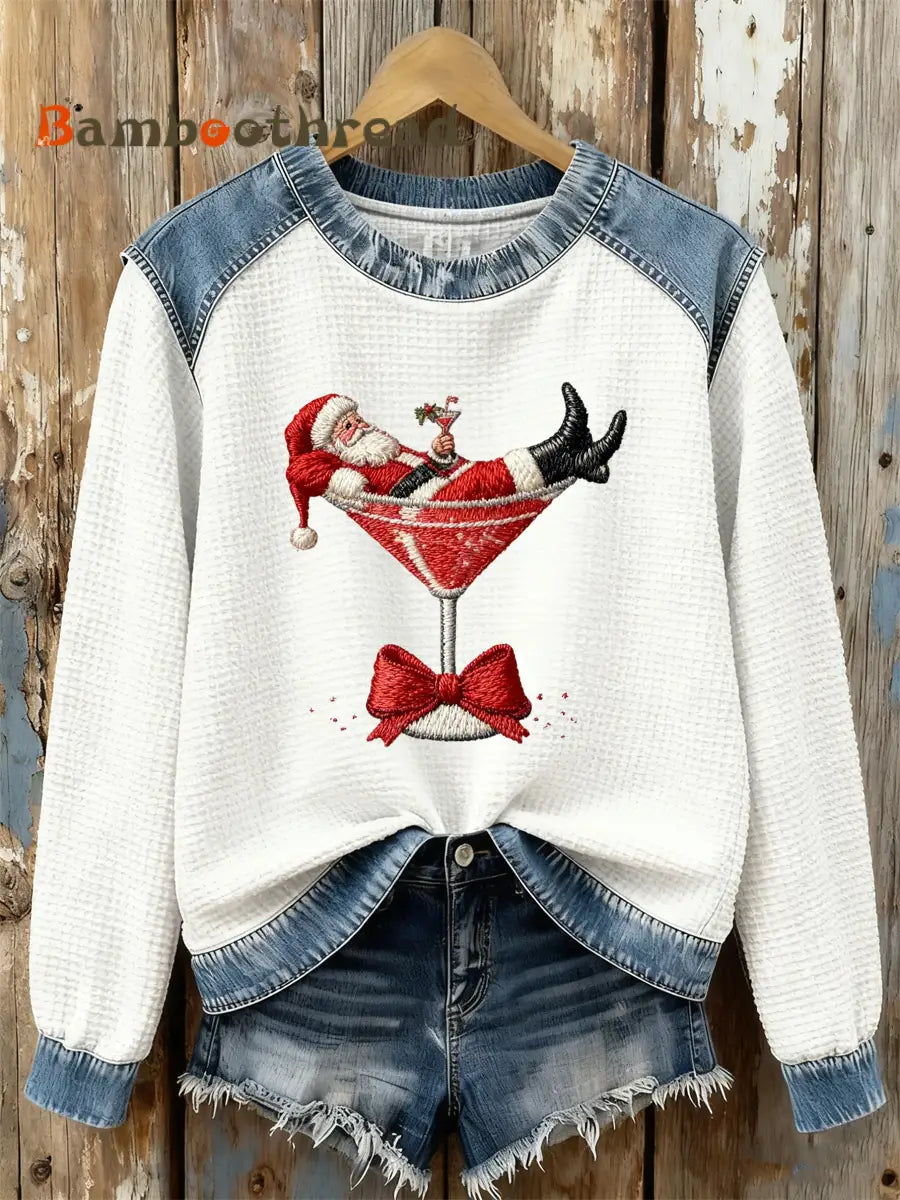 Women’s Santa Claus sitting on a wine glass Print waffle Sweatshirt White / S