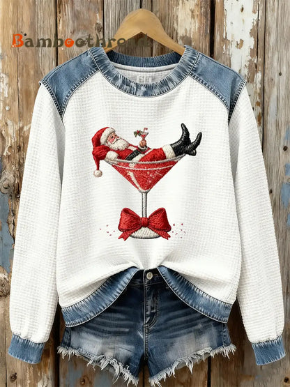 Women’s Santa Claus sitting on a wine glass Print waffle Sweatshirt White / S