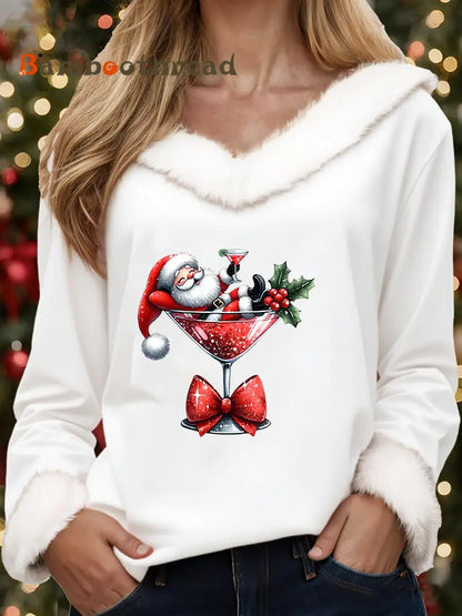 Women’s Santa Claus sitting on a wine glass Printed Tops White / S